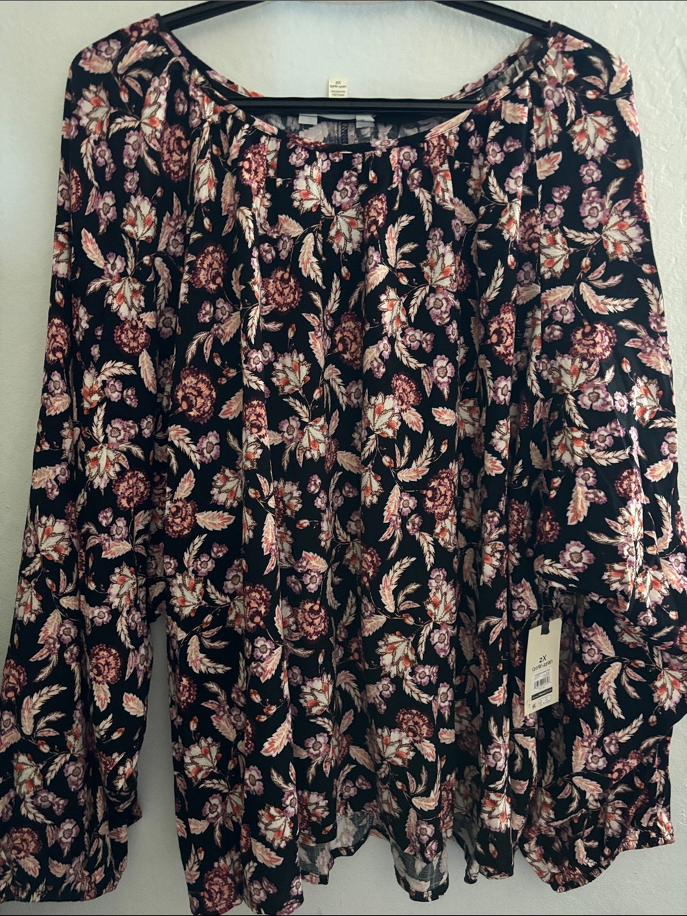 Women's Black Floral Peasant Blouse - Pink & Cream Print